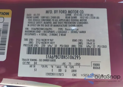 2022 Ford Mustang Gt Premium Fastback z USA, uszkodzony, nr VIN 1FA6P8CF8N5106295